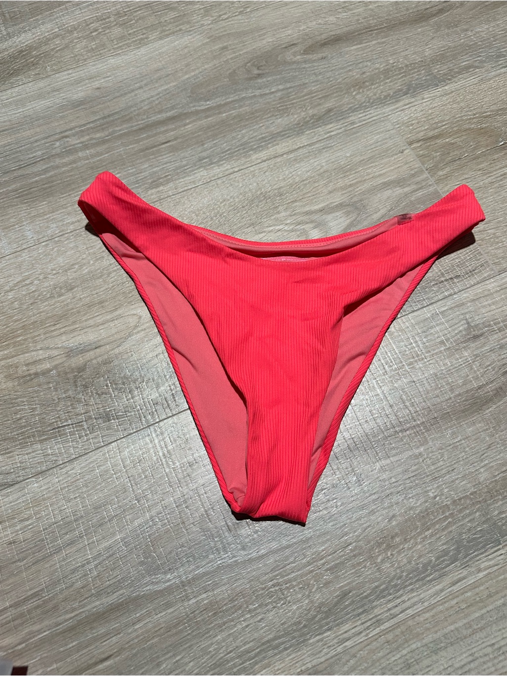 Women’s Bright Coral Ribbed Brazilian Bikini Bottom